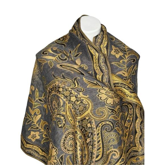 Gray and gold paisley print large scarf size 68 X 27 - Picture 2 of 10